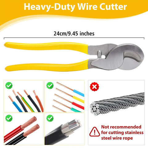 Heavy Duty Hydraulic Crimping Tool And Cutter Set Including Nine Swappable Dies, Six Ton Cable Crimper Knocks Out 12 Awg To 2 0 Awg Copper And Aluminum Lugs, Rock Solid Jobsite Staple For Pro Tradesmen. Heavy-duty wire cutter with yellow rubber grips, 24cm length, ideal for cutting copper wires.