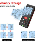 Pro Grade Digital Laser Measuring Tool With 328 Feet Range showing memory storage and unit switch features.