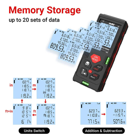 Pro Grade Digital Laser Measuring Tool With 328 Feet Range showing memory storage and unit switch features.
