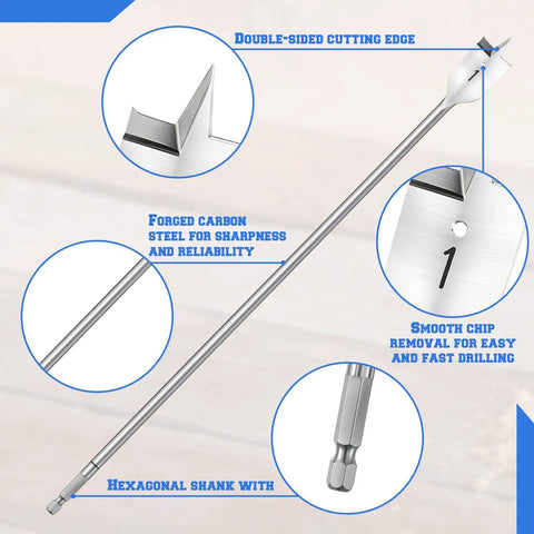 Extra Long 16 Inch Wood Drill Bit Set 12 Piece Spade Paddle Flat Bit Kit With Three Eighths Inch To One Inch Sizes Carbon Steel Pro Grade One Quarter Inch Hex Shank For Hardwood Softwood Plywood Projects, showing close-up of bit design and hex shank