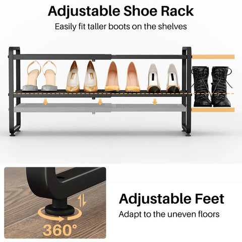 Expandable Metal Shoe Rack Organizer for Closet and Entryway Adjustable Two Tier Shoe Shelf with shoes and adjustable feet