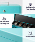 Heavy Duty Locking Cash Box With Key Lock And Built In Money Tray Portable Metal Cash Safe Cyan, showing handle, coin tray, sturdy finish
