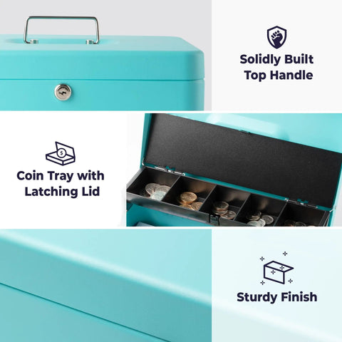 Heavy Duty Locking Cash Box With Key Lock And Built In Money Tray Portable Metal Cash Safe Cyan, showing handle, coin tray, sturdy finish