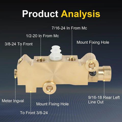 Heavy Duty Solid Brass Brake Proportioning Valve For Disc Front Drum Rear Systems Adapts To Dual Reservoir Master Cylinders side view with detailed measurements.