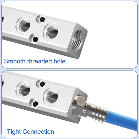 Rugged Aluminum Air Manifold 2 Way 4 Port Inline Block with smooth threaded hole and tight connection fitting for pneumatic systems