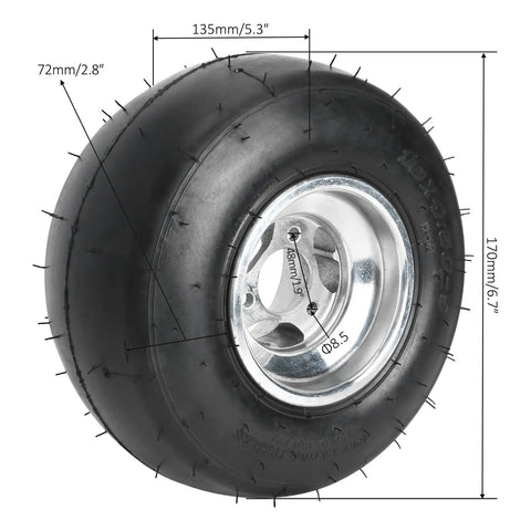 Badass Heavy Duty Rear Axle Kit For Go Kart And Dolly With 48 Volt 1000 Watt Brushless Motor And Speed Controller Plug And Play Setup For Mini Bike And Drift Trike DIY tire dimensions showing 135mm width and 170mm height.