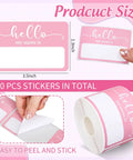 Light Pink Hello My Name Is Stickers Set, 300 Pcs Name Tag Labels On A Roll shown with size and adhesive details