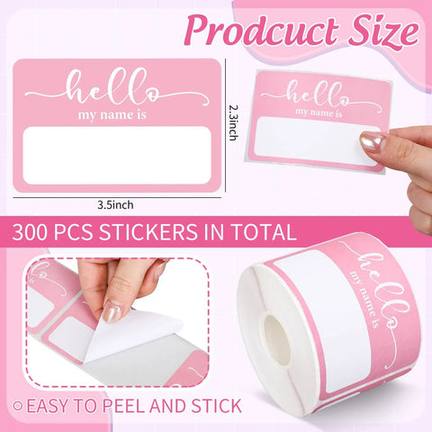Light Pink Hello My Name Is Stickers Set, 300 Pcs Name Tag Labels On A Roll shown with size and adhesive details