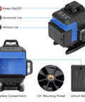 Green Beam 16 Lines Laser Level with Self Leveling, 150ft Range, side view showing controls, mounting thread, and battery compartment