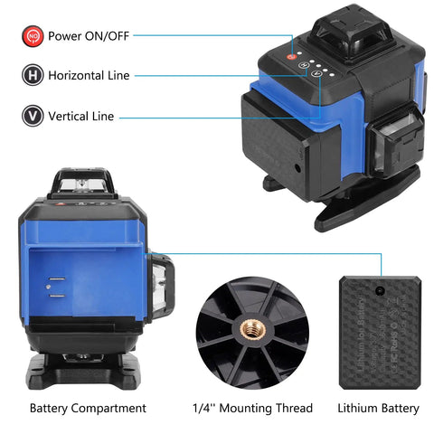Green Beam 16 Lines Laser Level with Self Leveling, 150ft Range, side view showing controls, mounting thread, and battery compartment