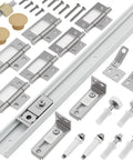 Complete 48 Inch Bifold Door Hardware Kit With Heavy Gauge Track And Quality Pivot Rollers For No Sweat Closet Fix And Smooth Bi Folding Slide Every Time, parts arranged.