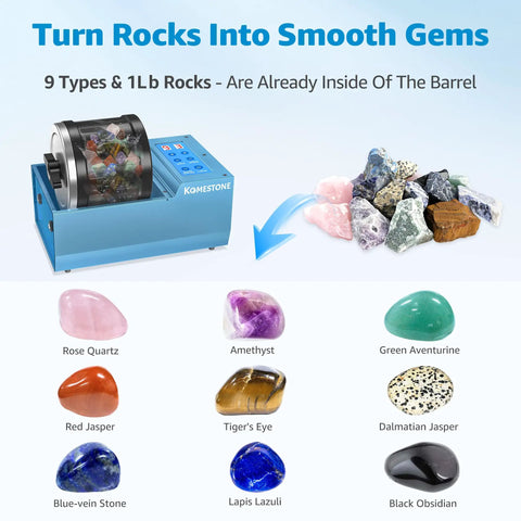 Beast Rock Tumbler Kit With 4Lb Large Capacity Barrel shown with various polished stones like amethyst, tiger's eye, and jasper.