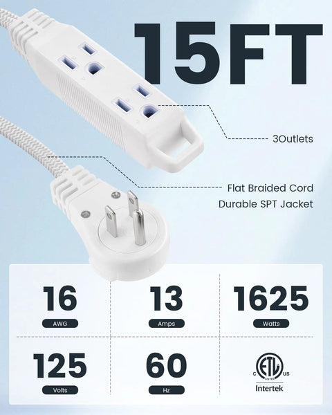 15-Foot 360 Degree Rotating Extension Cord With 3 Outlets, Flat Braided White Wall Plug For Tight Spaces Space Saver
