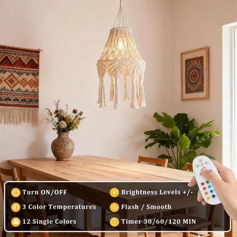 Boho Chic Macrame Pendant Lights With Tassels, Remote Dimmable And Timer, Rechargeable Cordless Hanging Lamp over dining table