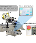 Workhorse Automatic Labeling Machine With Grippy Roller Conveyor with touchscreen and adjustable emergency stop features.