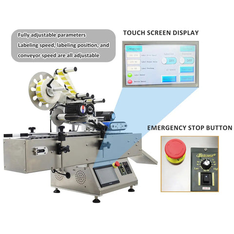 Workhorse Automatic Labeling Machine With Grippy Roller Conveyor with touchscreen and adjustable emergency stop features.