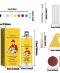All In One Tile And Stone Crack Repair Kit With Quick Drying Glue includes color paste, tools, measurements shown