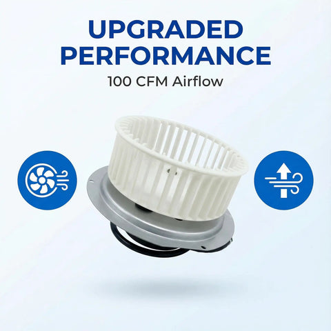 Qt80 Series Bathroom Fan Motor Replacement Compatible With 0695B000 showing 100 CFM airflow and upgraded performance