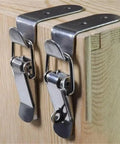90 Degree Duck Mouth Buckle Lock with Silver Metal Spring Hasp Latch mounted on wooden box edge