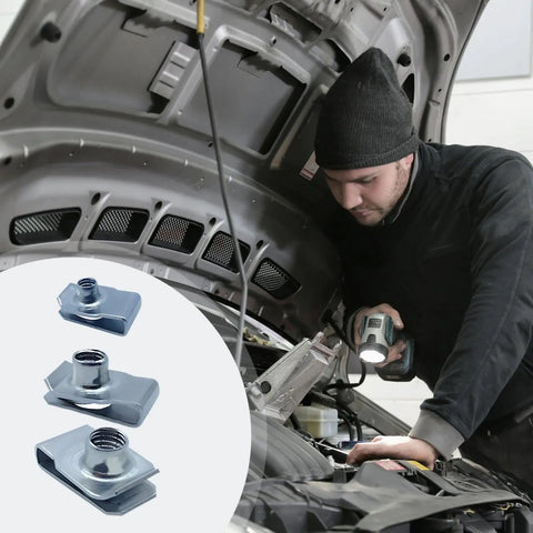Mechanic using M6 M8 M10 U Clip Nuts Set In Stainless Steel for engine panel installation with close-up of spring steel clips