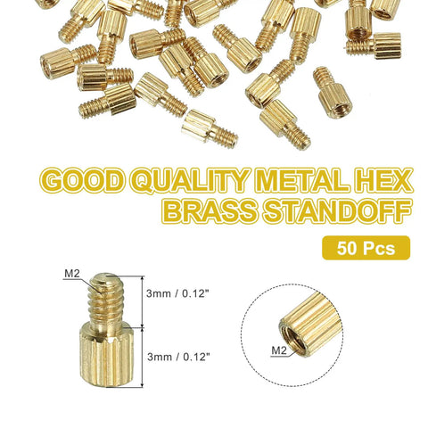 50 Piece M2 X 3 Plus 3 Millimeter Male Female Brass Hex Spacer Standoff Kit In Gold Finish For Fpv Drones Quadcopters And Pcb Motherboards Snug Fit And Rock Solid Durability For Any Build - image of gold brass hex standoffs