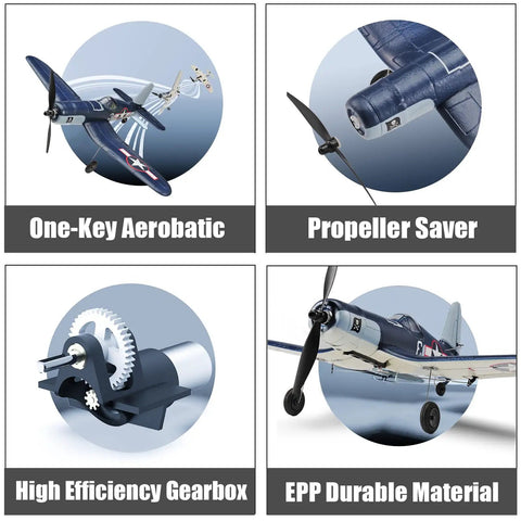 F4U Corsair RC Plane 4 Channel RTF with Xpilot Stabilization, One Key Aerobatic features and details image collage