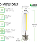 Dimensions of Six Pack Dusk To Dawn T10 Tubular LED Filament Bulbs, 5W 40W Equivalent, 450 Lumens, E26 Base