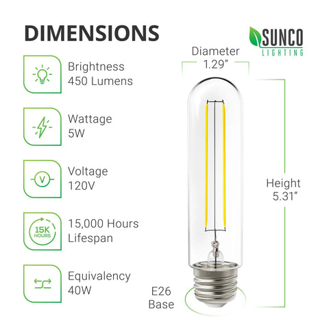 6 Pack Dusk to Dawn Sensor LED Filament T10 Bulbs with E26 Base, 5W to 40W Equivalent, 450 Lumens, dimensions and specs shown