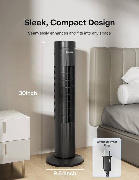 30 Inch Oscillating Tower Fan For Bedroom With Remote Control Quiet 3 Speed Settings ETL Certified Black 7 Hour Timer in bedroom