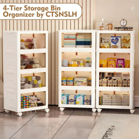 Four Piece Heavy Duty Plastic Storage Bins With Snug Lids Delivering Twenty Three Quarts Per Container Plus Totally Stackable Setup, 4-tier organizer.