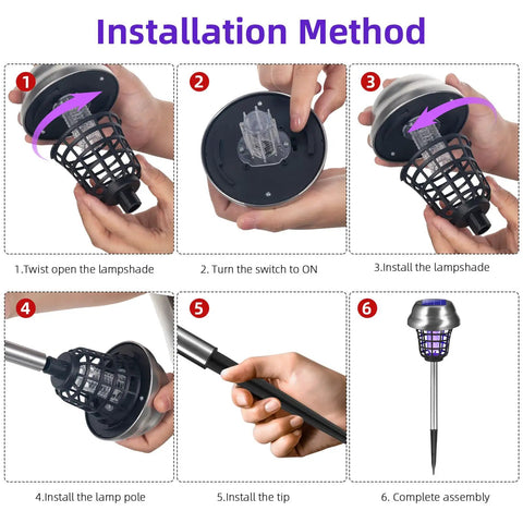 Installation steps for Solar Bug Zapper Outdoor Solar Powered IP66 Waterproof Mosquito Killer And Trap For Backyards Gardens And Farms Weatherproof Outdoor Insect Zapper For Gnats Flies Moths And Other Small Flying Pests Four Pack