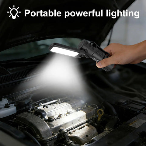 Person using Two Pack 5000 Lumen Rechargeable LED Work Light With Magnetic Base, 180 Degree Rotating Head For Car Repair