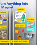 Fridge displaying Non Adhesive Magnetic Sheets 8.5 By 11 Inch 30 Mil Thick with drawings, stickers, photos, and postcards attached