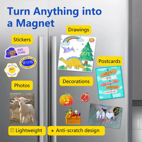Fridge displaying Non Adhesive Magnetic Sheets 8.5 By 11 Inch 30 Mil Thick with drawings, stickers, photos, and postcards attached