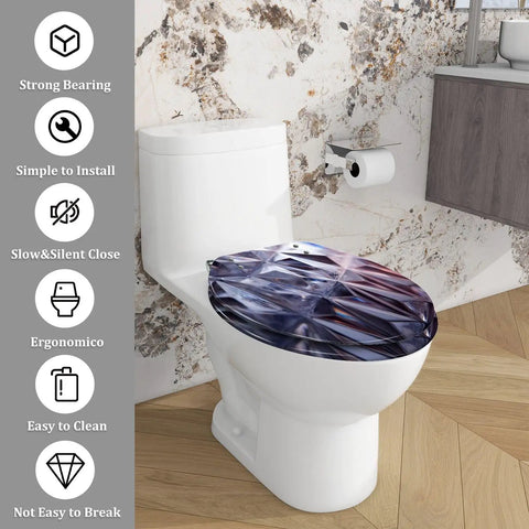Elongated Quiet Close Toilet Seat for Bathroom featuring a stylish design on a toilet, ideal for modern bathrooms.