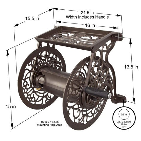 Decorative Cast Aluminum Wall Mount Garden Hose Reel Holds 125 Feet Of Five Eighths Inch Hose Bronze Finish Weather Resistant