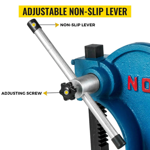 Adjustable non-slip lever on Built Tough Manual Arbor Press with three ton leverage force for precision work.