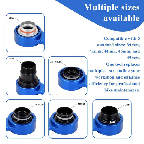 6-In-1 Bike Crank Removal Tool And Bottom Bracket Wrench sizes 39/41/44/46/49mm with blue adapters displayed