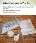 What's included with the Ready To Use Soil Test Kit For Your Yard And Gardens With Full PH And 14 Nutrient Analysis And Tailored Fertilizer Recommendations On A Clear Report And Summary, showing submission card, scoop, soil jar, and prepaid envelope.