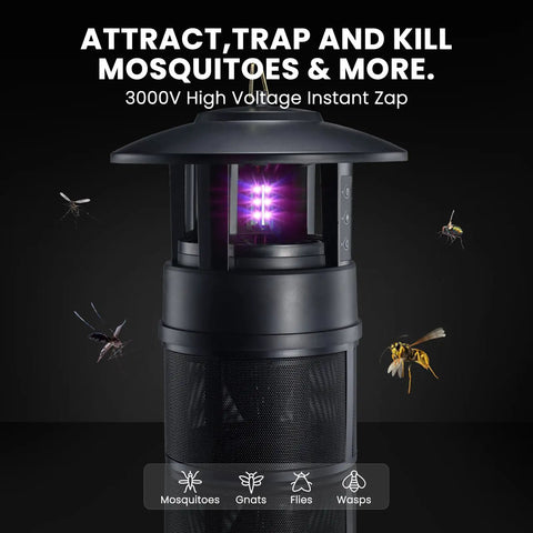 Outdoor Mosquito Trap With Lighting And Sleep Timer That Attracts Mosquitoes Flies Moths Gnats Wasps Beetles And No See Ums Indoor Or Outdoor Bug Zapper with 395nm UV Light, shown with insects attracted to light.