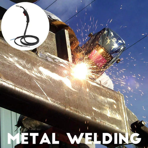 10 Foot MIG Weld Gun Torch Stinger Replacement in use with sparks during metal welding, shown with welder and helmet.
