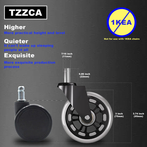 Heavy Duty Rubber Chair Wheels Replacement Set Of 5 For Hardwood Floors And Carpet showing wheel dimensions and specifications.