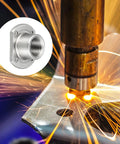 Premium Spot Weld Nuts 7/16-20 Thread Carbon Steel Double Tab Fastener 10 Pack with welding sparks in metal.