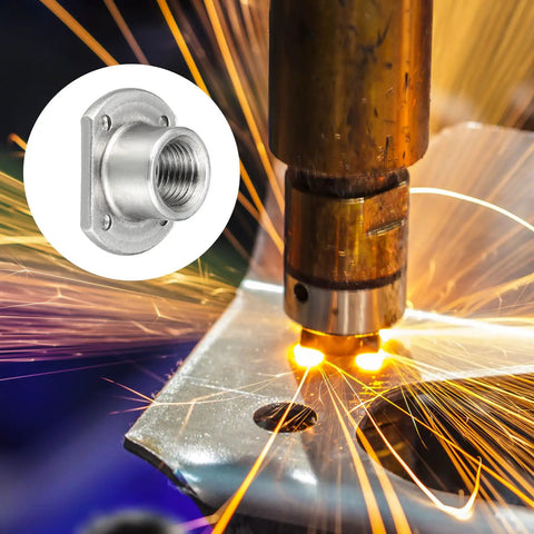 Premium Spot Weld Nuts 7/16-20 Thread Carbon Steel Double Tab Fastener 10 Pack with welding sparks in metal.