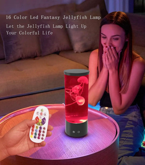 Jellyfish Lamp With 16 Color Changing Lights And Remote Control on table beside woman, creating ambient night lighting.