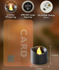 Battery Operated LED Tea Lights Flameless Flicker Candles With Colored Glow For Halloween Parties Weddings Table Decor And Holiday Decor 12 Pack Over 200 Hour Run Time Safe No Open Flame For Lit Vibe Ambience Boost, showing one black tea light with lifelike flickering next to a credit card for size comparison, CR2032 battery and safety certification details above.
