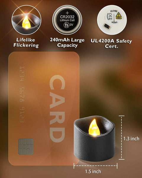 Battery Operated LED Tea Lights Flameless Flicker Candles With Colored Glow For Halloween Parties Weddings Table Decor And Holiday Decor 12 Pack Over 200 Hour Run Time Safe No Open Flame For Lit Vibe Ambience Boost, showing one black tea light with lifelike flickering next to a credit card for size comparison, CR2032 battery and safety certification details above.
