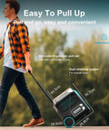 Man pulling 3200W Portable Power Station With 6400W Surge 2048Wh LiFePO4 Solar Generator 2x100W Panels on wheels.
