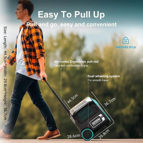 Man pulling 3200W Portable Power Station With 6400W Surge 2048Wh LiFePO4 Solar Generator 2x100W Panels on wheels.
