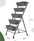 Five Tier Raised Garden Bed Uber Sturdy With Vertical Planter Stand, black metal frame, with five removable trays and drainage holes.